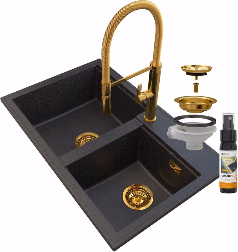 Granitan - Lavello in granito - Lavello da cucina - 2 vasche - 80x50 cm - Nero - con rubinetteria FULL GOLD - HEKTOR