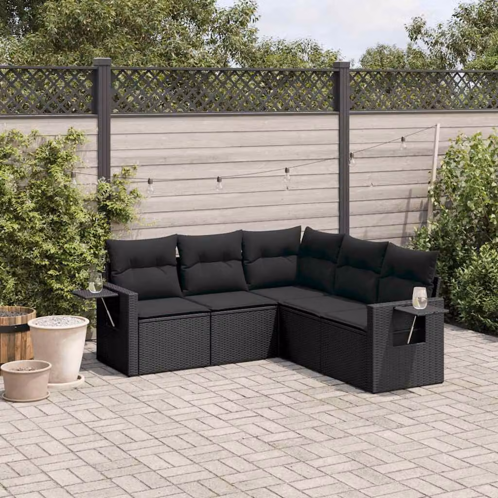 vidaXL Set Divani da Giardino a L 5 pz con Tavolino, Polyrattan e Cuscini Neri – 1