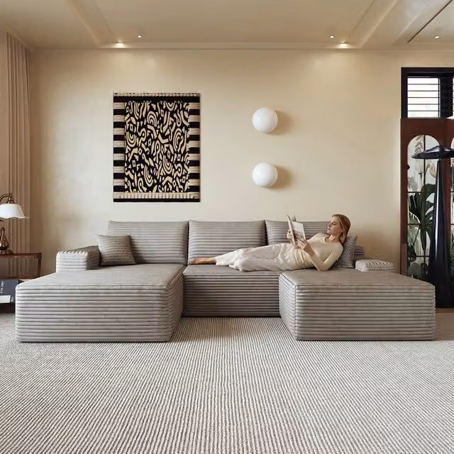 Divano angolare con Chaise Longue ¨C Minimal ¨C 270cm, velluto cammello, imbottito, senza montaggio
