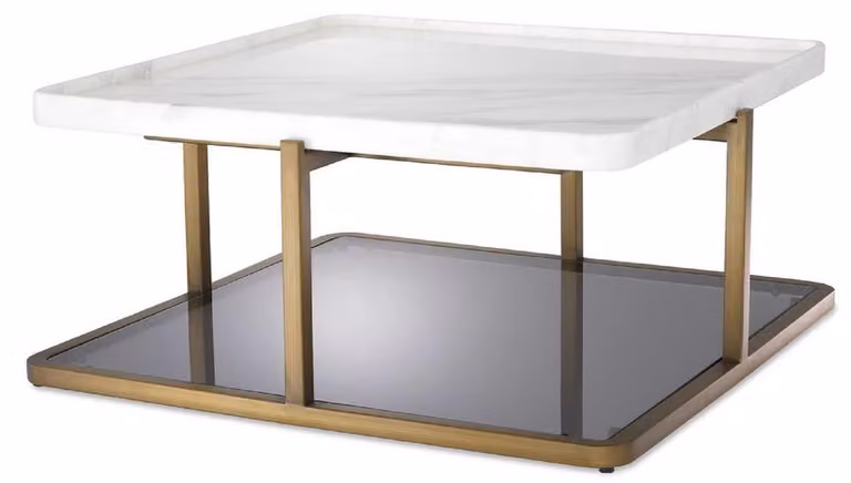 Tavolino Casa Padrino color ottone / bianco / grigio 58 x 58 x h. 27,5 cm - Tavolino da salotto moderno in acciaio inox con piano in marmo e piano in vetro colorato - Mobili