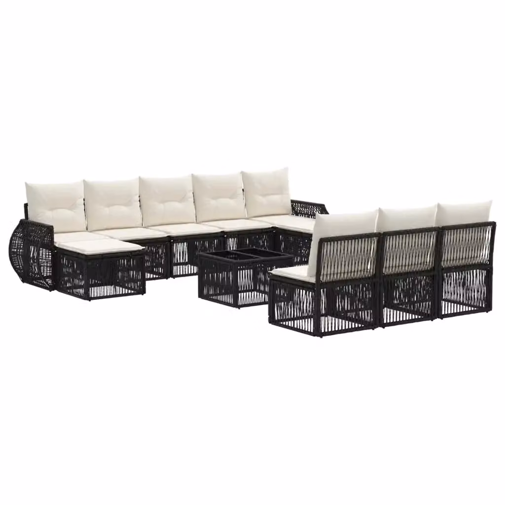 Set Divano da Giardino vidaXL a Forma a U in Polyrattan con Tavolino e Pouf, Nero e Bianco – 2