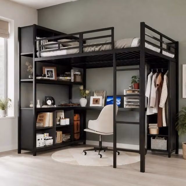 Letto a soppalco in ferro nero 140x200 cm con scrivania e armadio integrato, doppio spazio contenitore