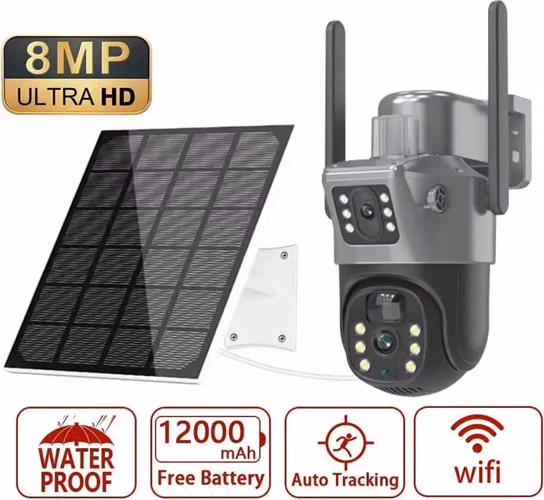 Telecamera di sorveglianza solare - Dome IP wireless PTZ - 4K 8MP - Doppio obiettivo, rotazione orizzontale di 270° - Rilevamento persone tramite sensore PIR - Adatta per esterni, grado di protezione IP66 - Senza scheda SD
