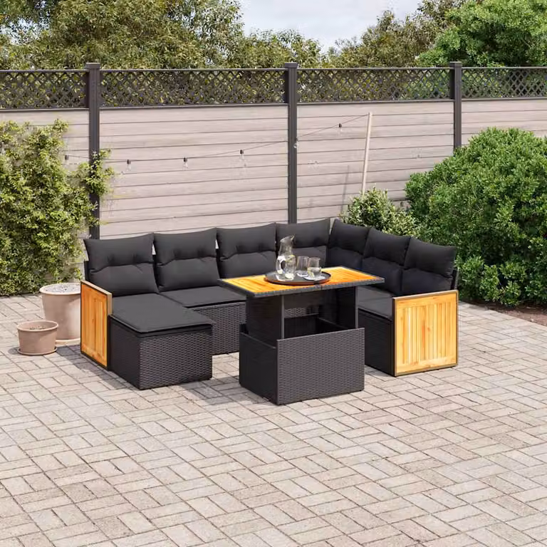 Set Divani da Giardino vidaXL in Polyrattan Nero con Cuscini 8 Pezzi per Esterno