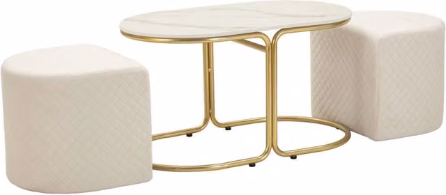 Tavolo da Caffè con 2 Puff Relax 79x45x44 cm in Pino e MDF e Spugna e Poliestere e Metallo