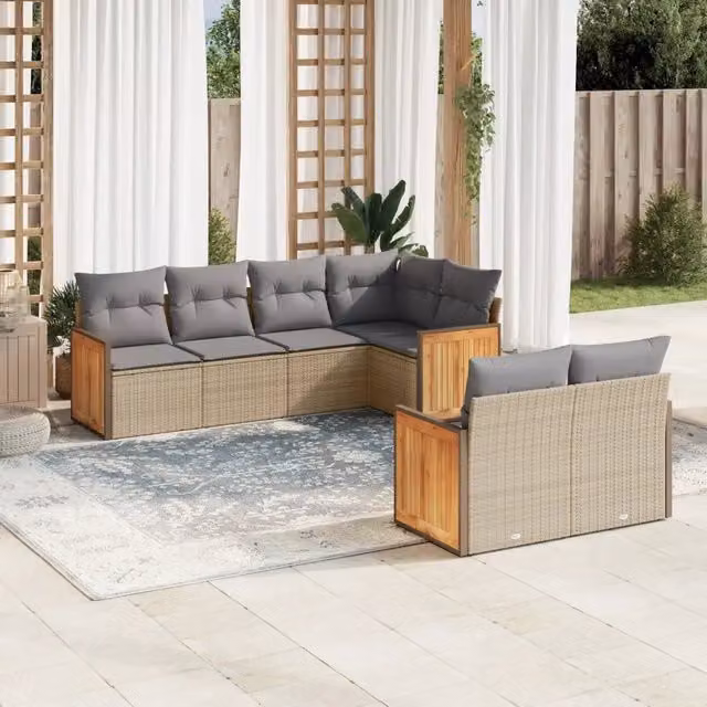 Set Divani da Giardino 7 pz con Cuscini Beige in Polyrattan 3260225