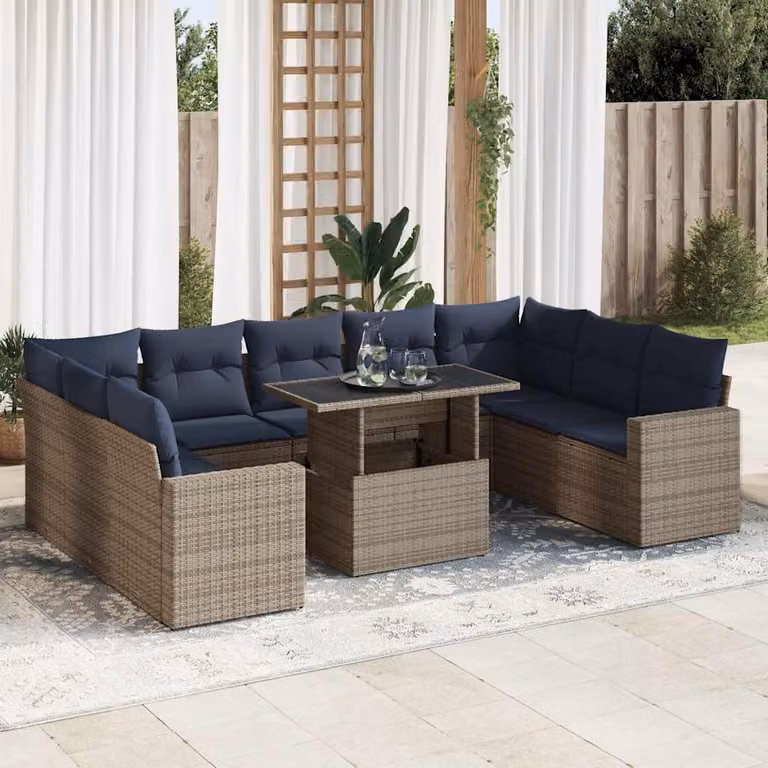 Set da giardino vidaXL composto da 10 pezzi con cuscini in polyrattan e legno di acacia, colore grigio e blu, con struttura in metallo e design moderno a forma di L