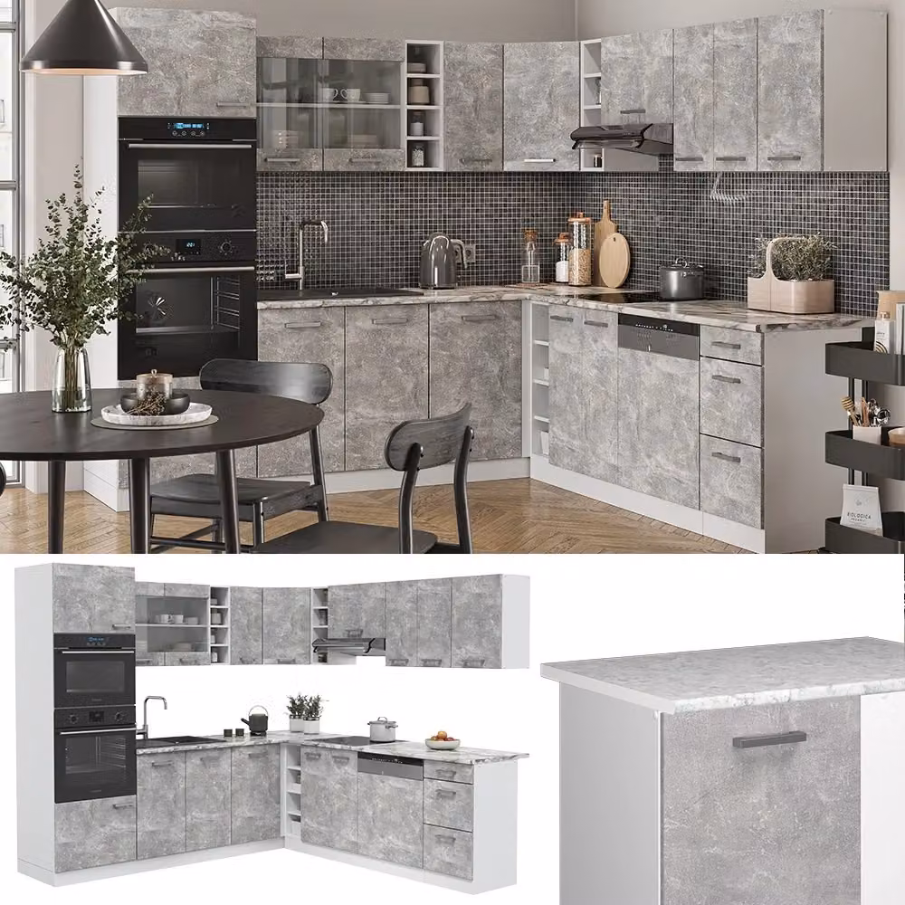 Cucina angolare moderna Vicco R-Line in finitura Calcestruzzo e Bianco con dettagli in Rovere e ante in vetro con illuminazione integrata L/P/H: 247 x 237 x 60 cm – 2