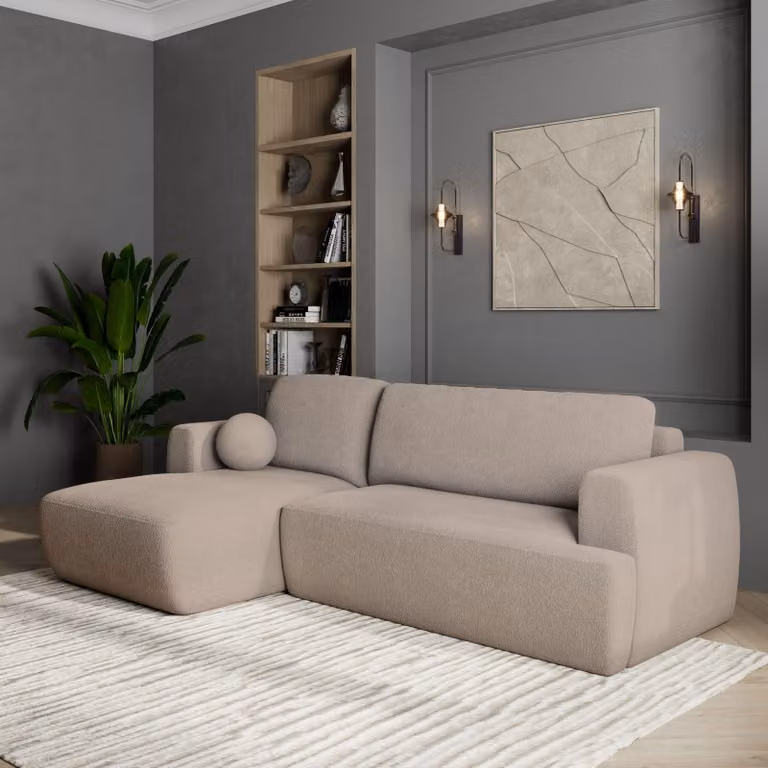 Divano angolare SENTI N L-S di Masseno con funzione letto a L, divano con box letto, divano da soggiorno, divano, divano letto, set di divani - beige, ORA O MAI PIÙ 05