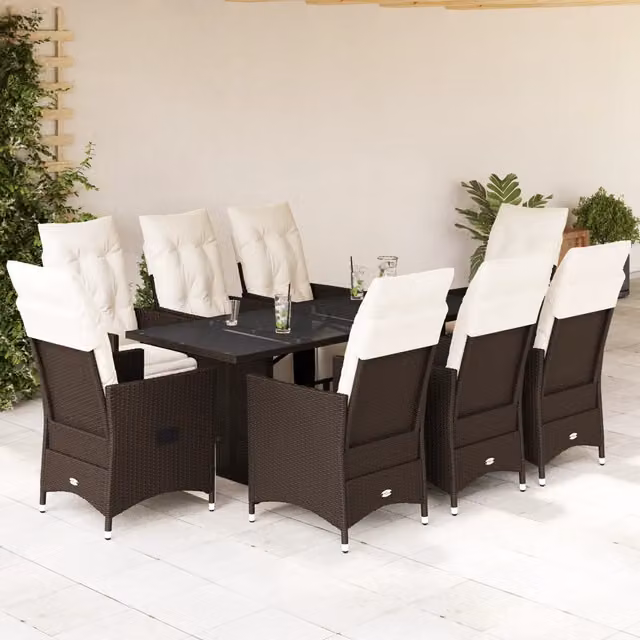 Set Bistrò da Giardino vidaXL 9 pz in Polyrattan Marrone e Bianco con Cuscini e Tavolo in Vetro