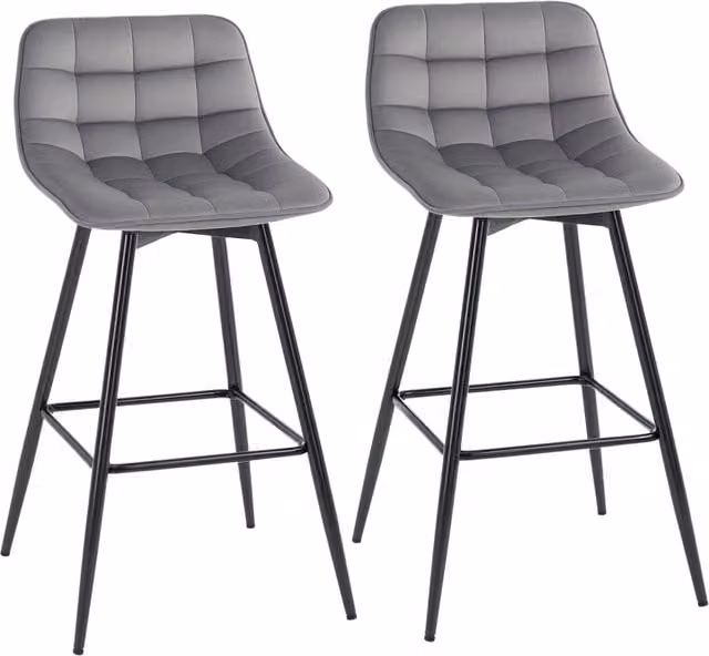 Set di 2 sgabelli alti in stile nordico con schienale e poggiapiedi, rivestimento in tessuto effetto velluto e struttura in metallo, L 45 cm x P 47 cm x H 88 cm, Grigio