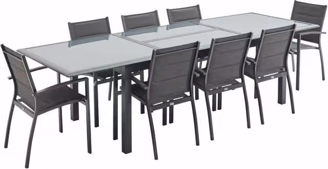 Set tavolo da giardino allungabile Sweeek in alluminio e vetro con 8 sedie, antracite