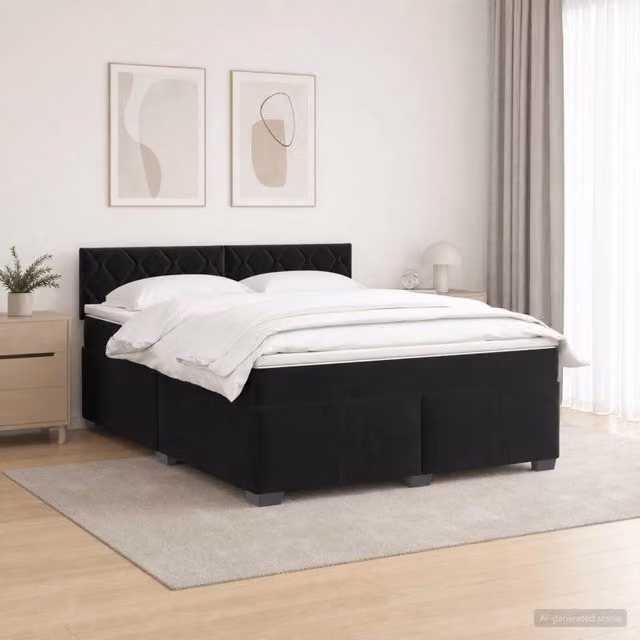 Letto con Box Spring e Materasso Ibrido vidaXL in Velluto Nero con Illuminazione LED e Porte USB L/P/H: 160 x 200 cm