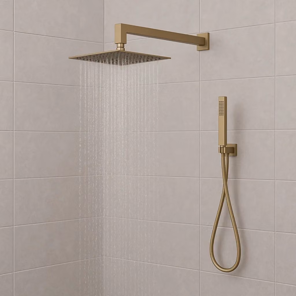 Set per doccia Ogomondo con soffione quadro e doccetta in acciaio inox color oro matt satinato, L/P/H: 25 x 25 x 25 cm – 2