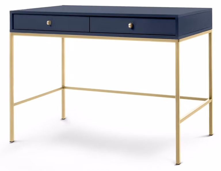 Comò da trucco Kviat, colore blu scuro, gambe dorate