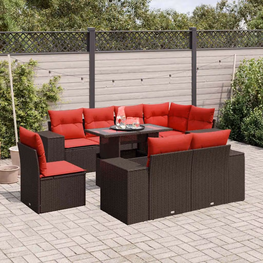 Maison Exclusive - Set divano da giardino 9 pezzi con cuscini, marrone, polyrattan