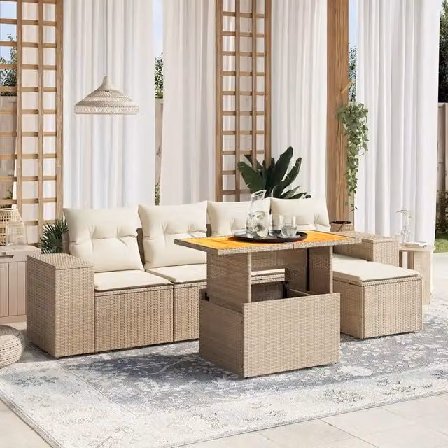 Set Divano da Giardino 6 pz vidaXL in Polyrattan con Cuscini Beige e Tavolino da Esterno