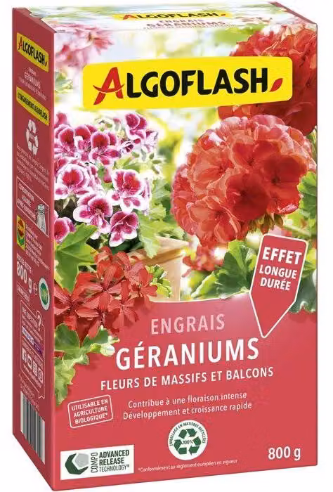 Fertilizzante per gerani, ALGOFLASH Naturasol, gerani, fiori da aiuola e da balcone, 800 g, UAB