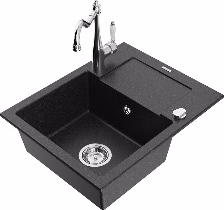 Mexen Enzo lavello in granito a 1 vasca con scolapiatti e rubinetto da cucina Carla, nero/metallico argento - 6506-73-670700-00
