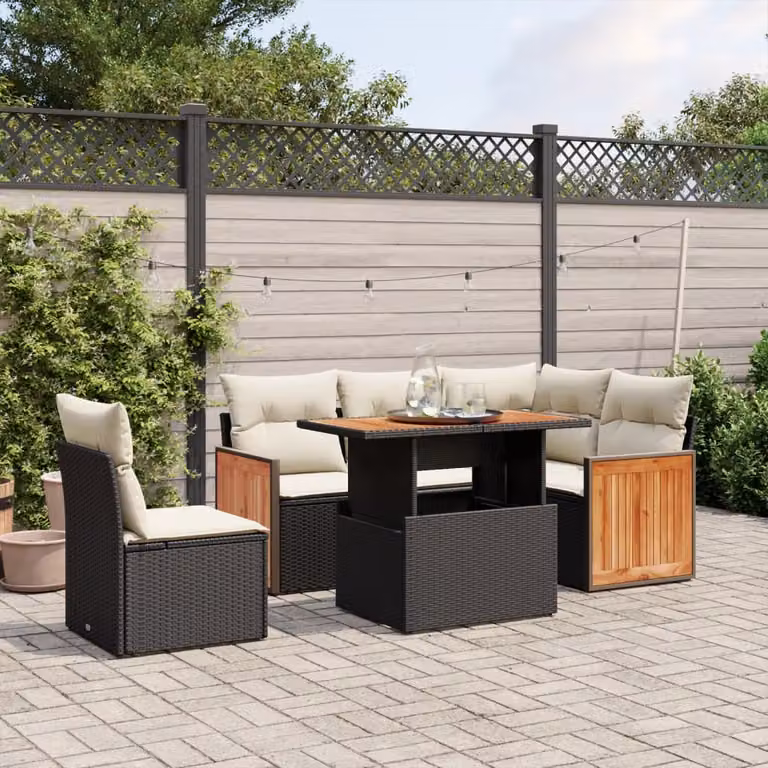 Set Divano da Giardino vidaXL 6 pz con Cuscini e Tavolino da Caffè Nero in Polyrattan e Acciaio