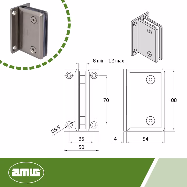 Supporti a parete per doccia, in zamak con finitura cromata, dimensioni 88 x 54 mm, adatti per pareti in vetro da 8-12 mm