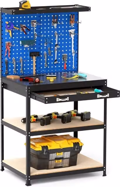 Banco da lavoro in metallo con 2 pegboard, cassetto e mensole Blu Navy L: 225 cm, P: 81 cm, H: 41 cm