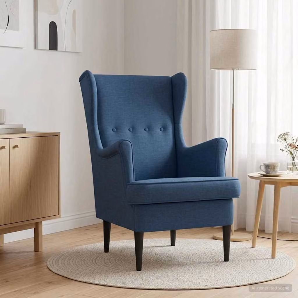 Poltrona mid-century vidaXL in tessuto blu con braccioli e struttura in legno e metallo
