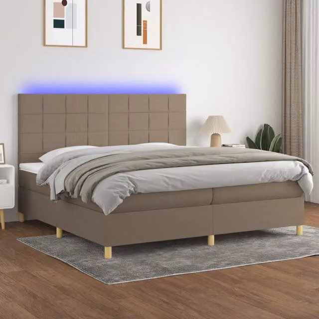 Letto moderno vidaXL con materasso a molle, illuminazione LED sottostante e porta USB, rivestimento in tessuto beige e bianco, L/P: 200 x 200 cm