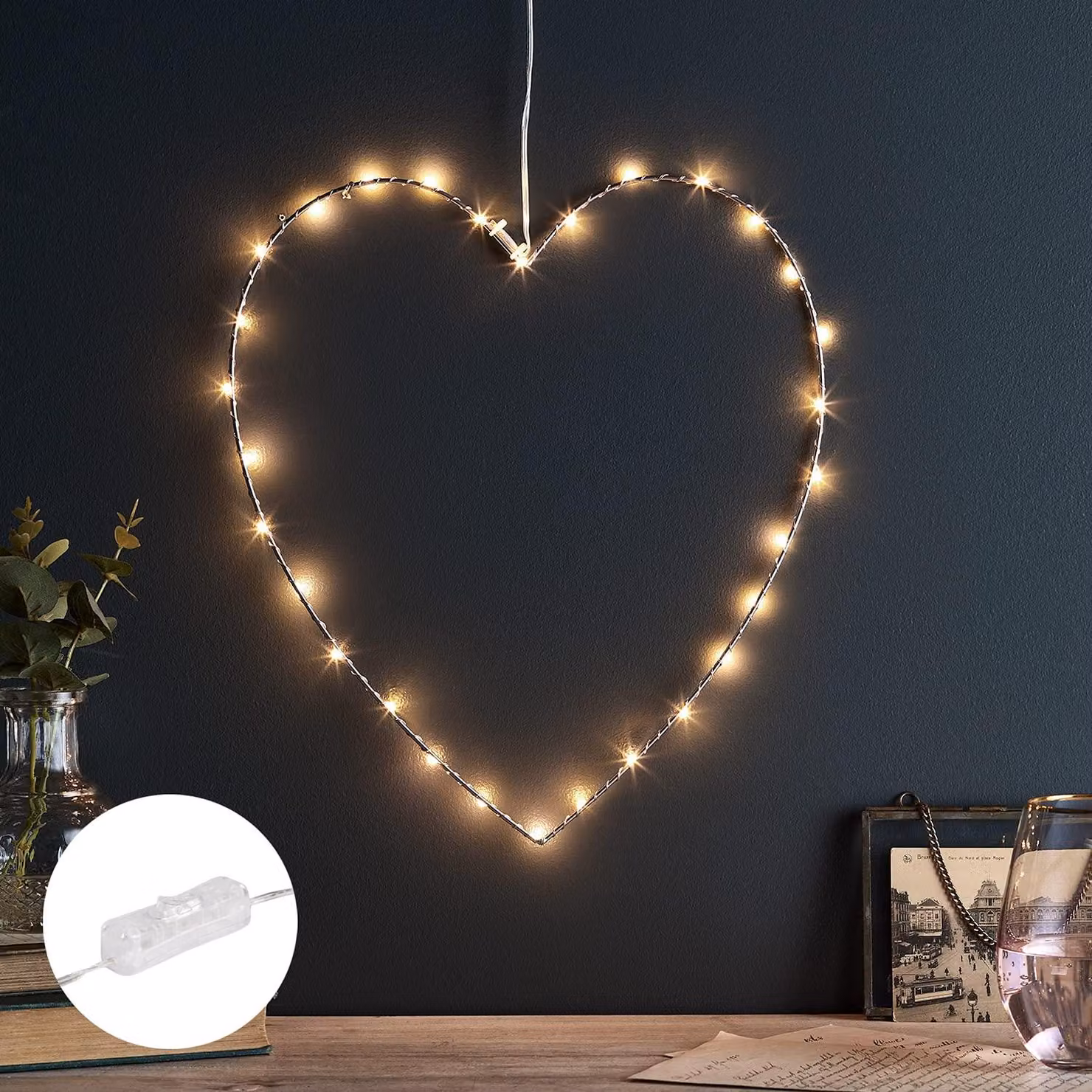 Silhouette a forma di cuore con luci LED, 30 micro-LED bianchi caldi, finitura oro rosa