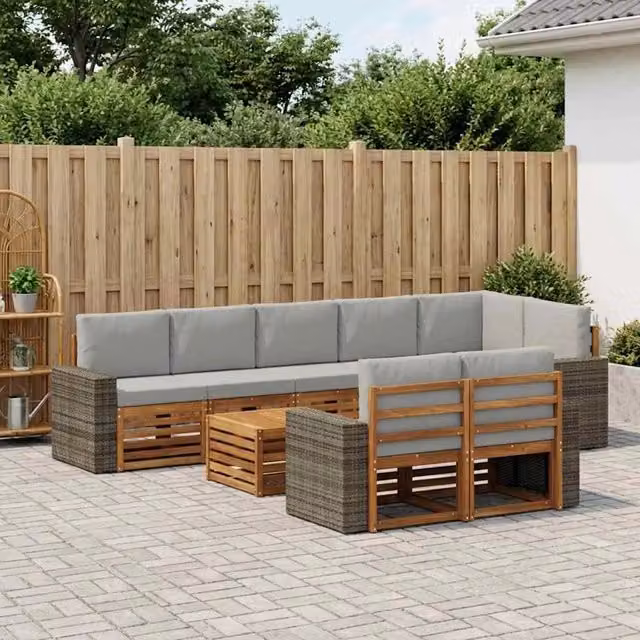 Set di divani da esterno a L vidaXL in legno di acacia con tavolo da caffè, 9 pezzi, marrone e grigio – 1