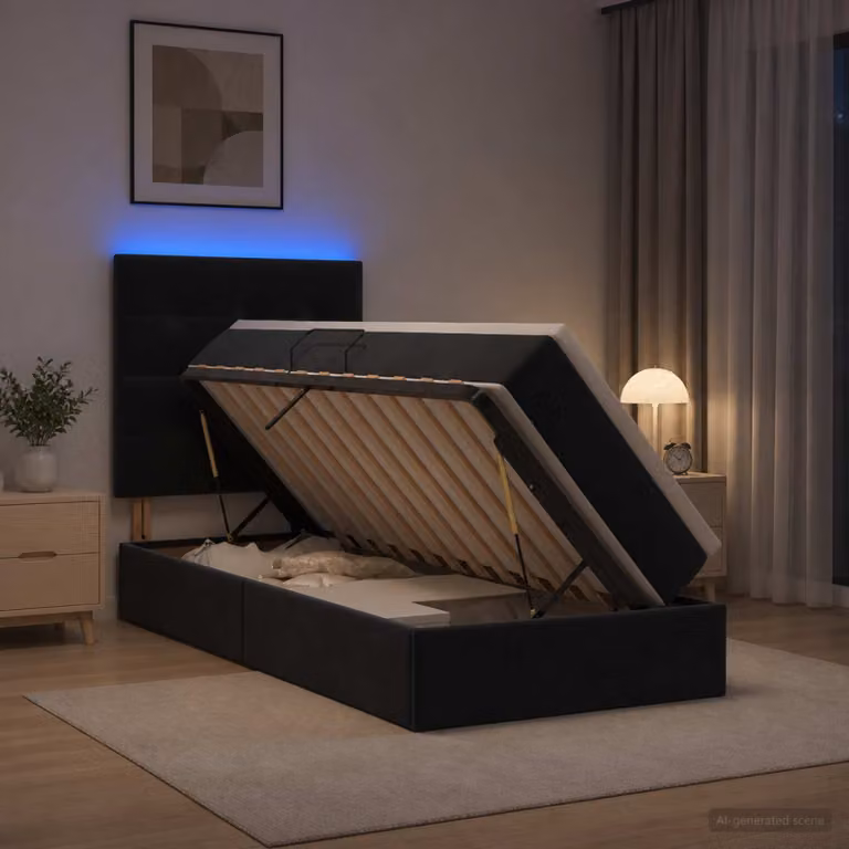 Letto con contenitore vidaXL in velluto nero con illuminazione LED e porta USB, comprensivo di materasso, L/P/H: 90 x 200 x 128 cm