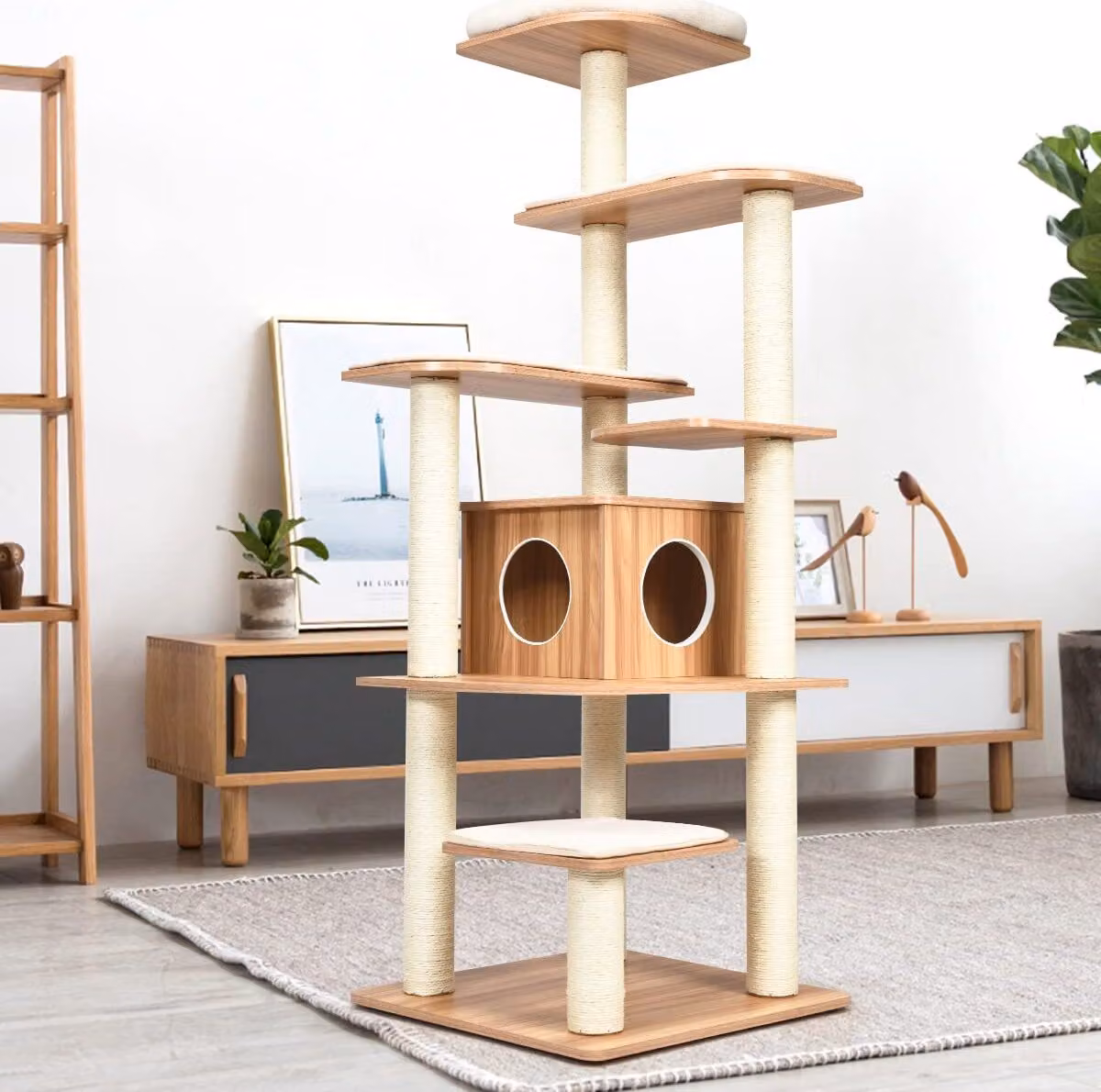COSTWAY 175 cm albero dei gatti 6 gradini in legno con grotta e 5 tappetini