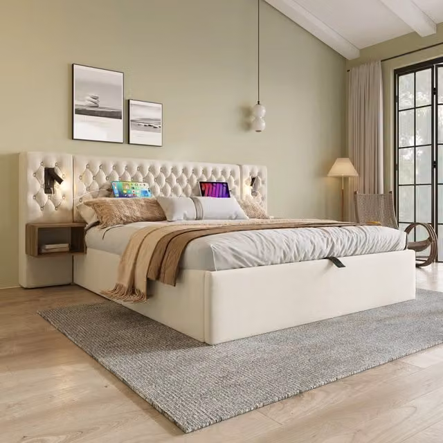 Letto contenitore 160 x 200 cm con contenitori, LED, USB/USB-C e scrivania integrata, letto imbottito in velluto beige con meccanismo idraulico