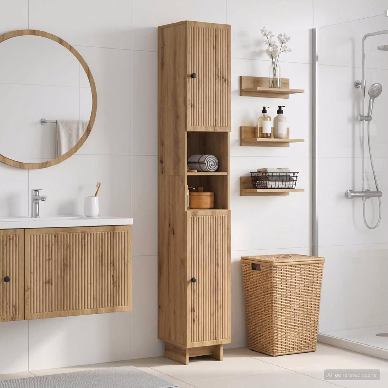 Armadio da Bagno Moderno vidaXL con Ripiano Aperto e Ante a Battente, Marrone, L/P/H: 31 x 24,1 x 190 cm