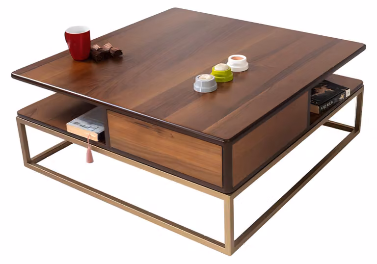 Quadratischer Couchtisch mit Büchernische und stilvollem Sockel