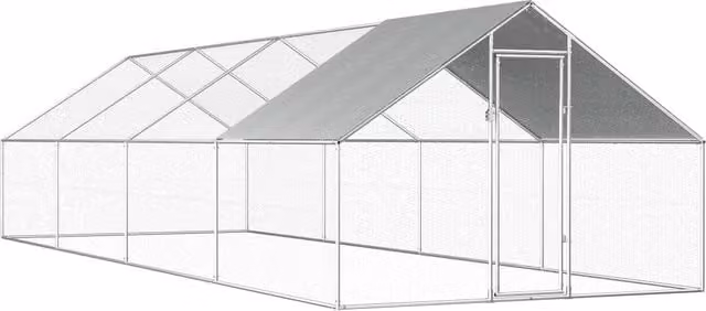Pollaio da esterno in acciaio zincato color argento con tetto in PE, L/P/H: 8 x 2,75 x 1,92 m