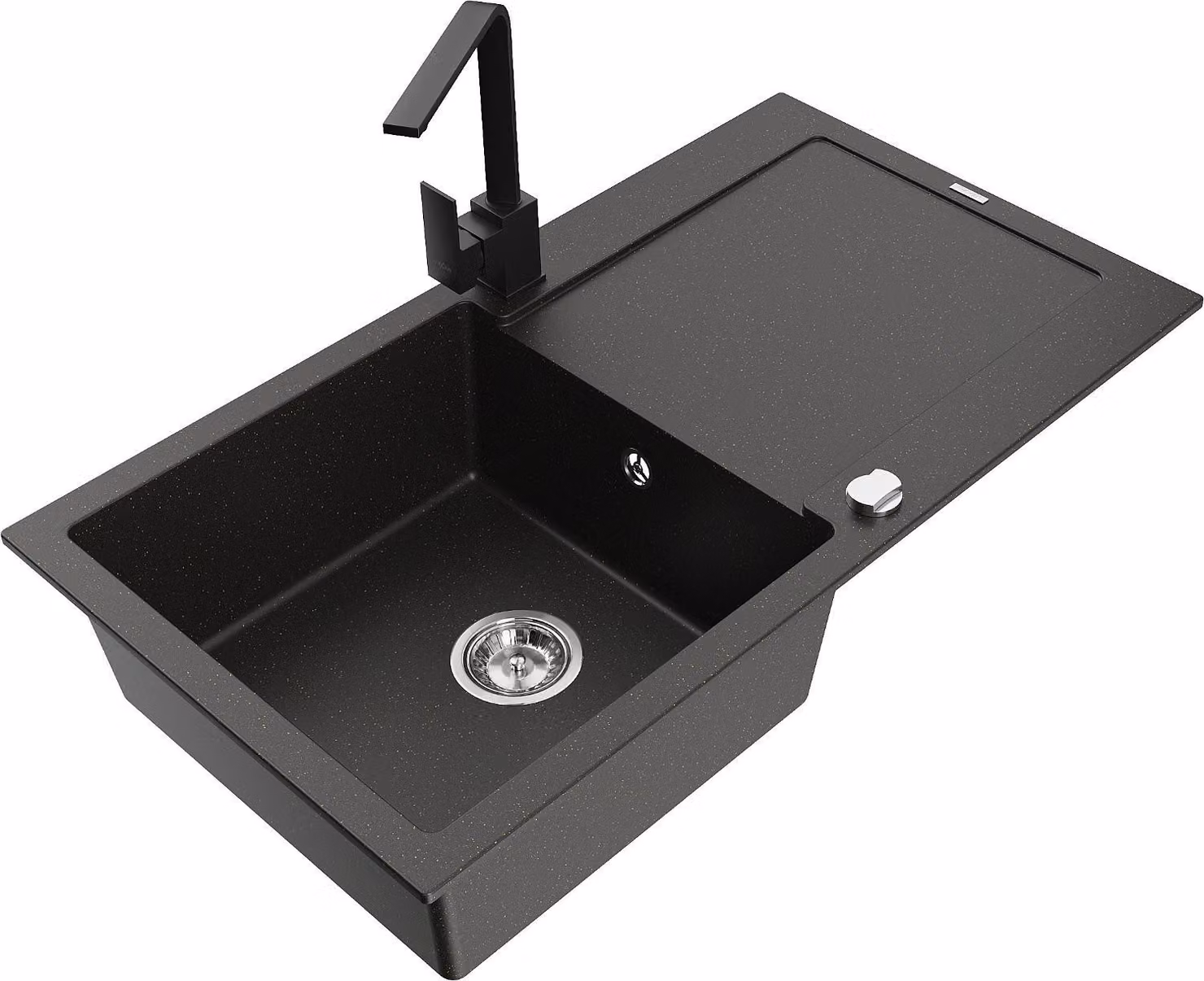 Mexen Leo lavello in granito a 1 vasca con gocciolatoio e rubinetto da cucina Rita, nero/oro metallizzato - 6501-75-670300-70