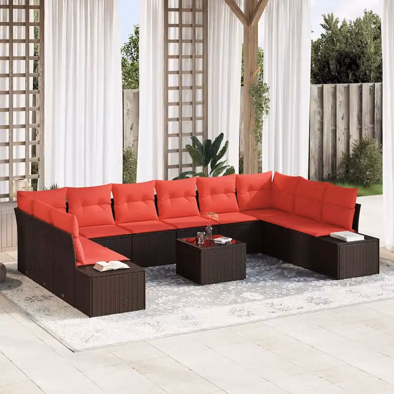 Set Divano da Giardino vidaXL a Forma a U con 10 Pezzi, 9 Posti, Marrone e Rosso