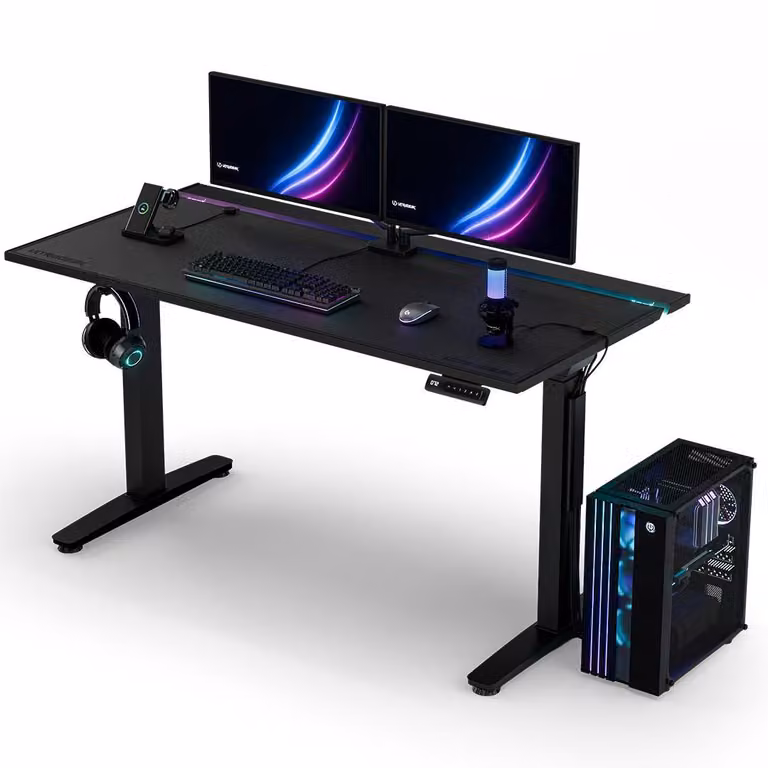Ultradesk VORTEX - Nero - Scrivania per computer con regolazione elettronica dell'altezza e illuminazione LED RGB prismatica, piano di lavoro 140,5x70 cm, capacità di carico fino a 130 kg