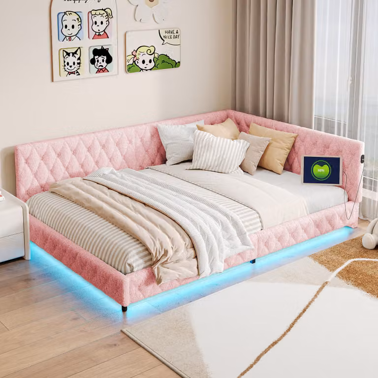 CDGlobal letto imbottito 140x200 con LED e connessione USB, struttura letto con rete a doghe, letto da giorno divano letto in tessuto vellutato divano letto per ospiti letto per ragazzi