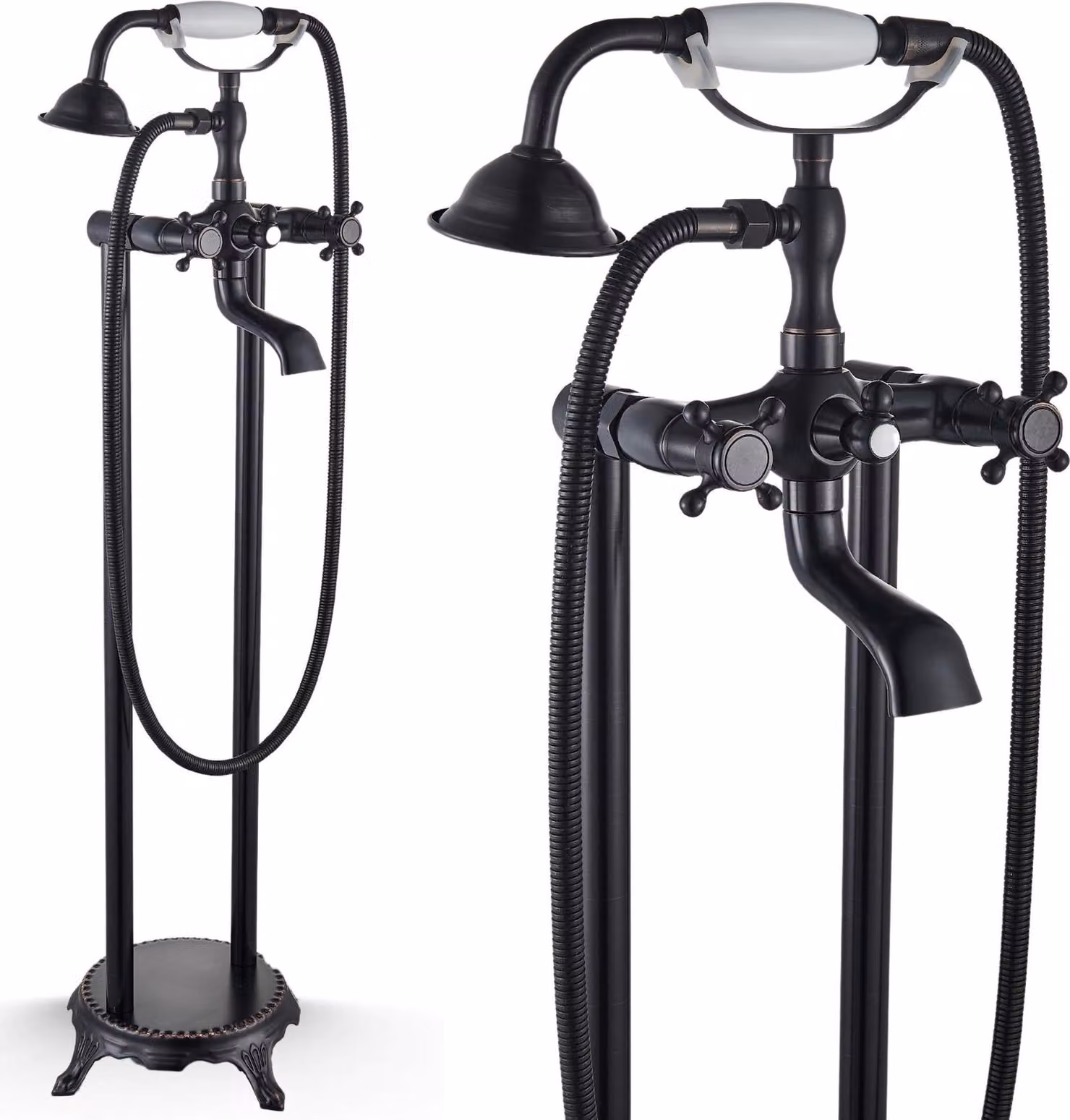 Rubinetto vasca da bagno freestanding Ari Retro, beccuccio girevole 180 gradi, doccetta con effetto waterfall, nero anticato, ottone, valvola Vetroceramica
