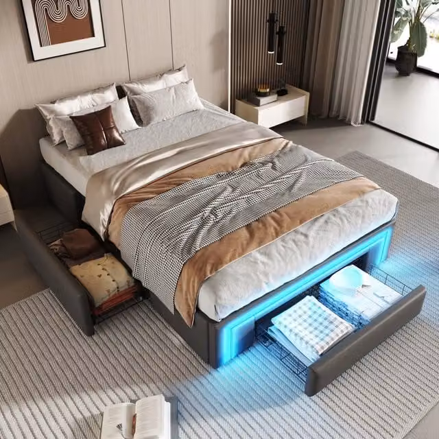 Letto imbottito KOMHTOM in pelle sintetica grigio con cassetti e illuminazione sottostante L/P/H: 90 x 200 cm