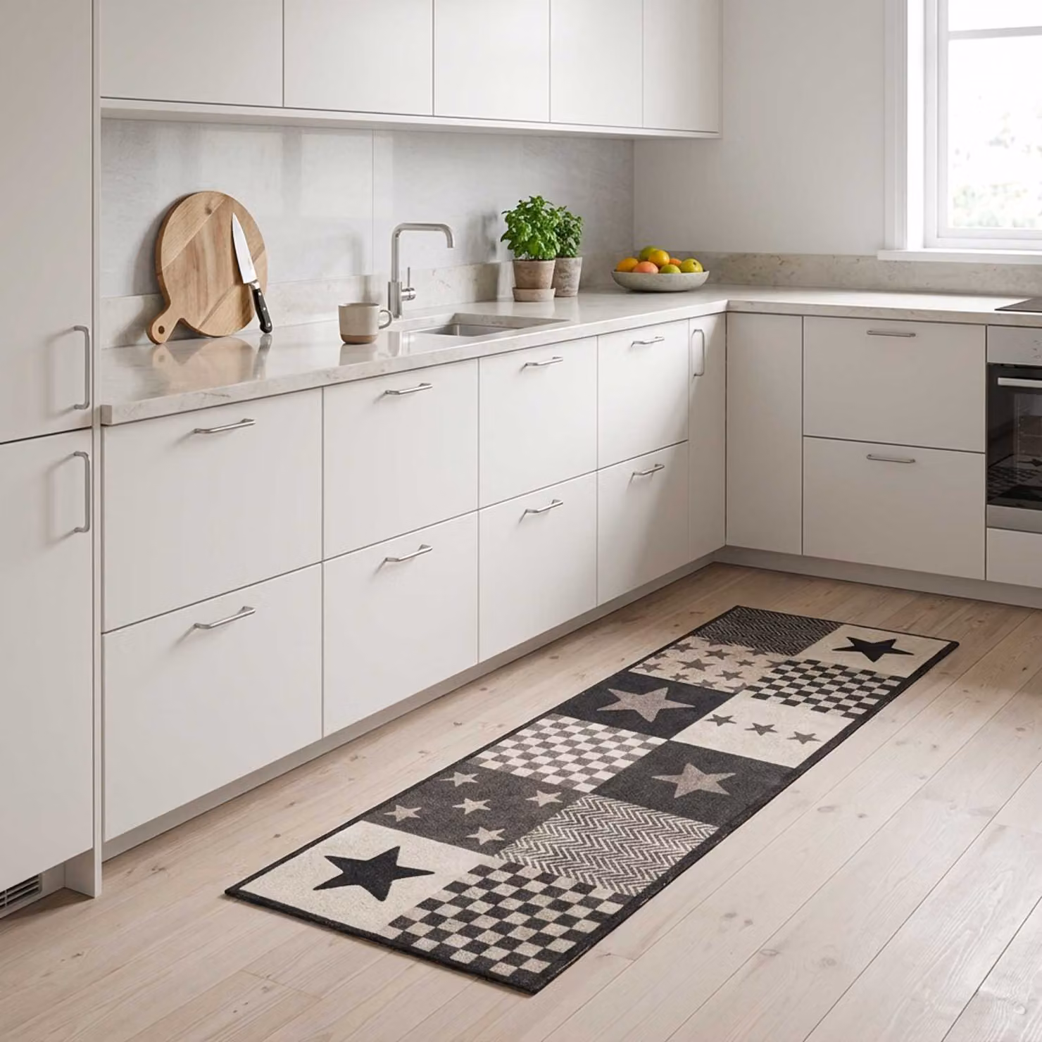 Tappeto da cucina moderno vidaXL con motivo a stelle grigie, lavabile e antiscivolo, L: 300 cm, P: 60 cm