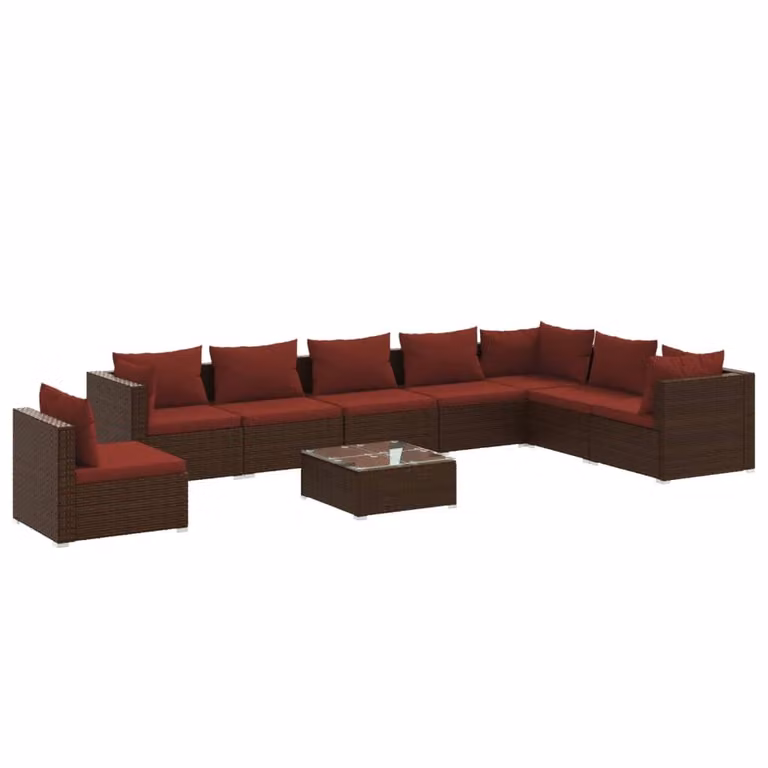 Set Divani da Giardino 9 pz con Cuscini in Polyrattan Marrone