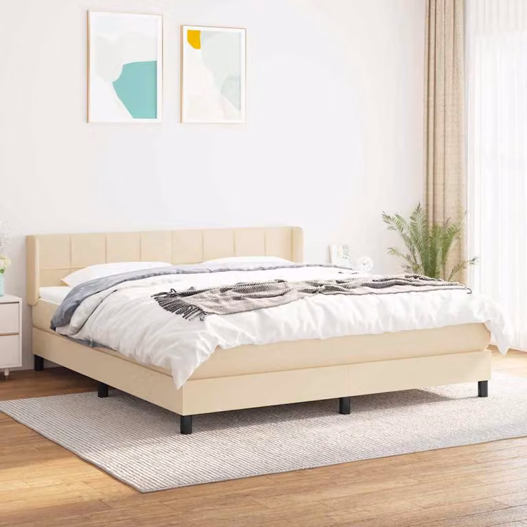 vidaXL Giroletto a Molle con Materasso Beige e Bianco in Tessuto L/P/H: 160 x 200 x 163 cm