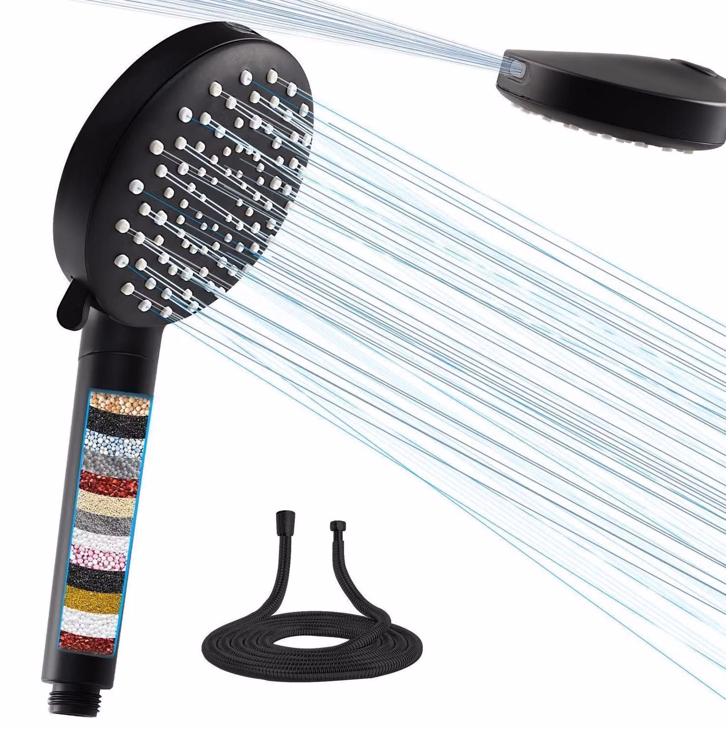 Doccia con filtro, 7 tipi di getto, a risparmio idrico, nera, con tubo