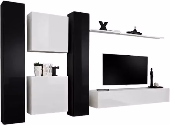 Composizione murale sospesa SWITCH VI Meublorama per mobile TV bianco e nero lucido con lowboard, unità alta e scaffale aperto, design moderno – 1