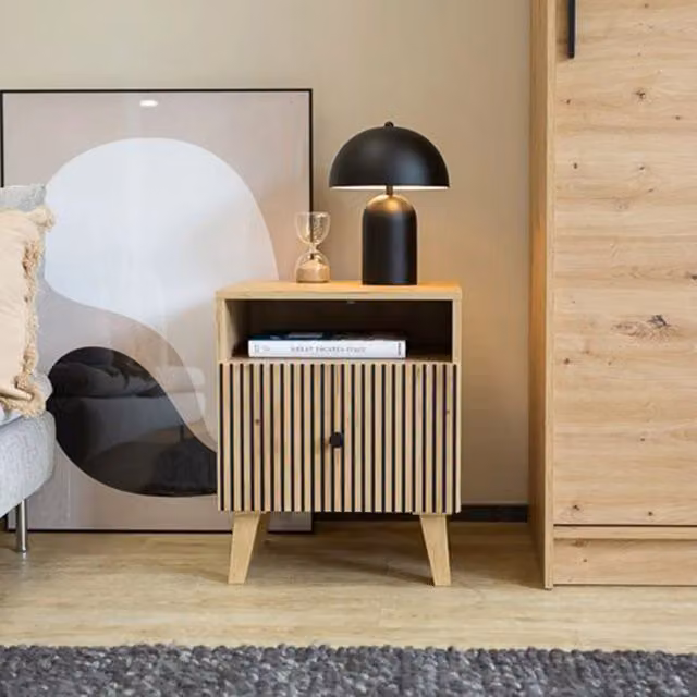 Comodino con un ripiano DMORA in legno color rovere marrone L: 47 cm, P: 42 cm, H: 58 cm – 1