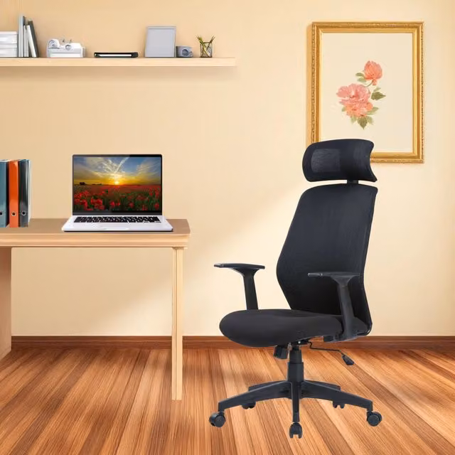 Sedia da ufficio presidenziale DMORA Idro, poltrona ergonomica con poggiatesta e braccioli, Nero, L: 63 cm, P: 62 cm, H: 117/126 cm – 1