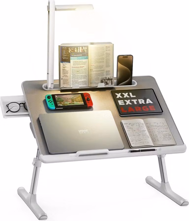 Tavolo per computer portatile Tavolo da letto con lampada LED Supporto per libri regolabile in altezza